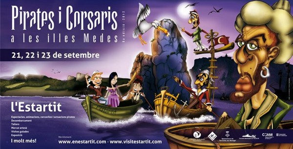 Cartel de la Feria de Piratas y Corsarios, que se celebra cada mes de septiembre en la localidad marinera de l'Estartit, en la Costa Brava centro, frente a las Islas Medas